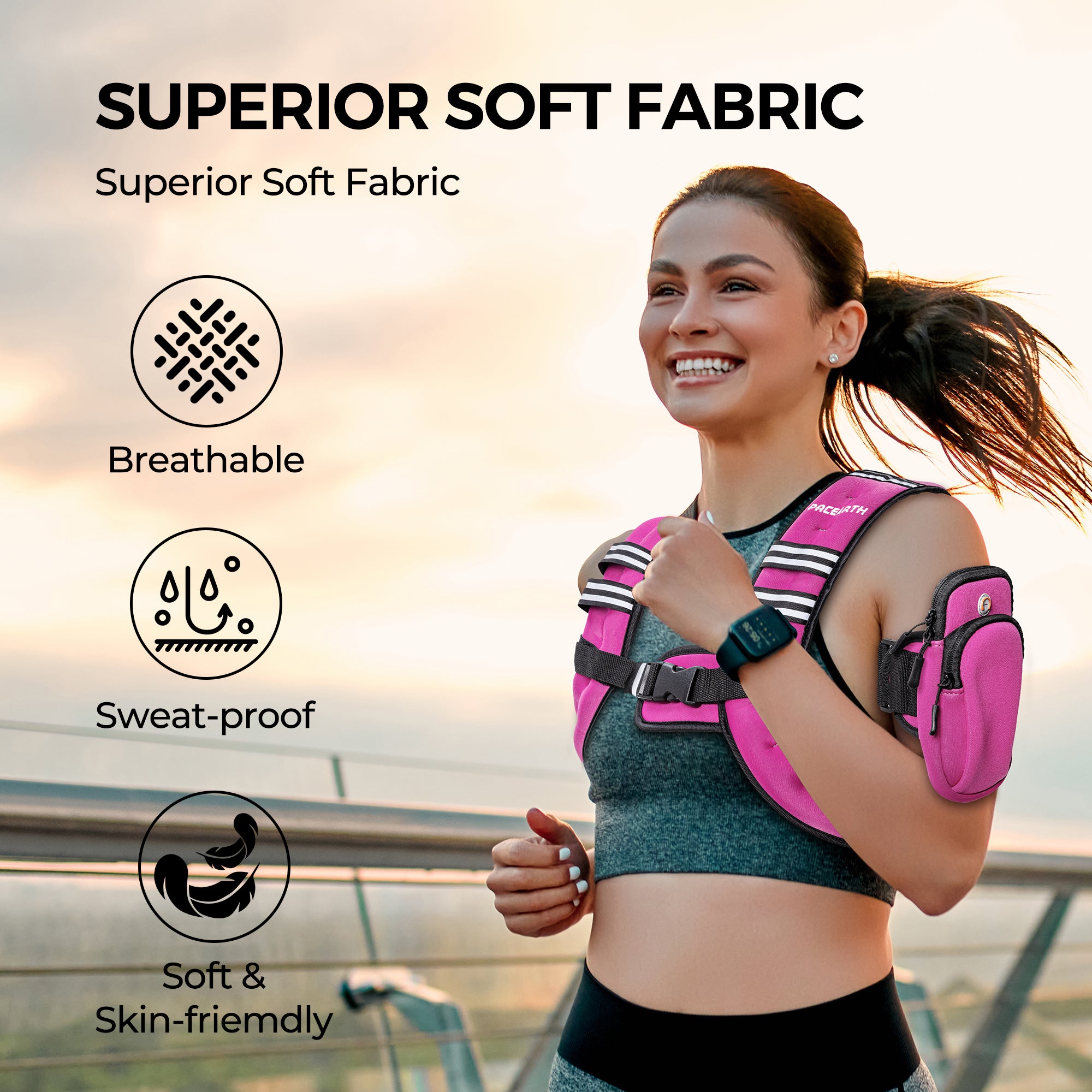 Pacearth Weighted Vest with Arm Strap Phone Pouch and Reflective Stripe Pink - Image 3