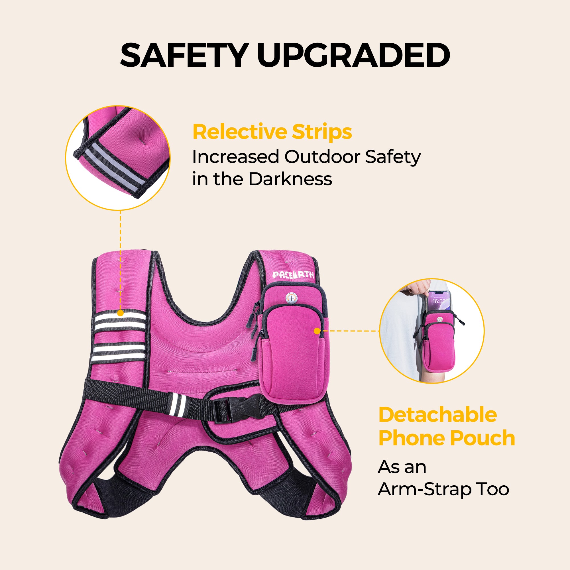 Pacearth Weighted Vest with Arm Strap Phone Pouch and Reflective Stripe Pink - Image 5
