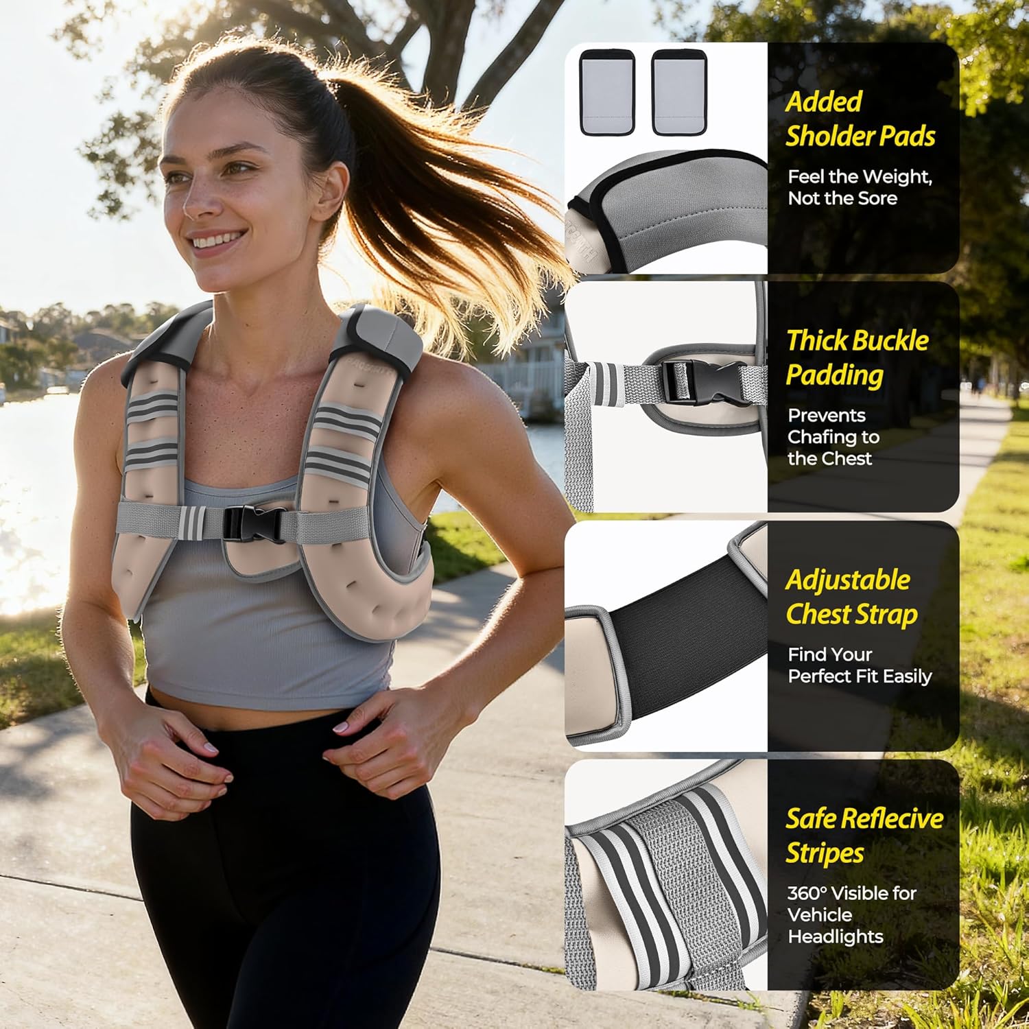 Pacearth Weighted Vest with Arm Strap Phone Pouch and Reflective Stripe Beige - Image 8
