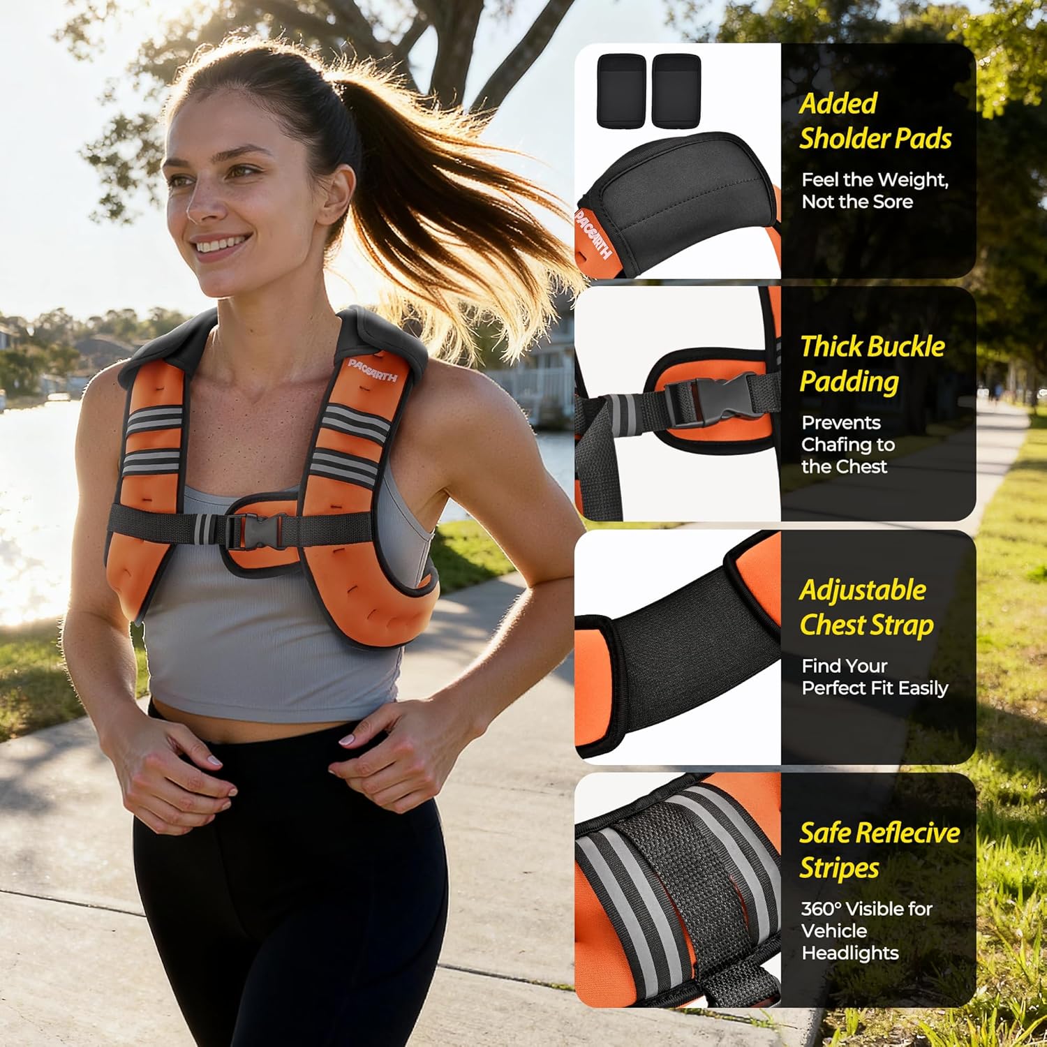 Pacearth Weighted Vest with Arm Strap Phone Pouch and Reflective Stripe Orange - Image 8